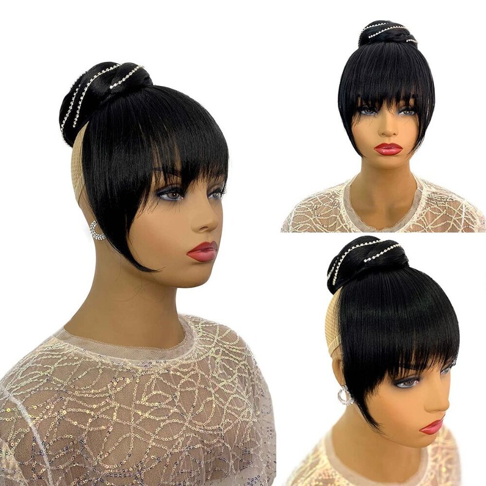 Hair Bun with Bangs 2 Piece Synthetic Braided Updo Clip-In for Black Women - Picture 2 of 9
